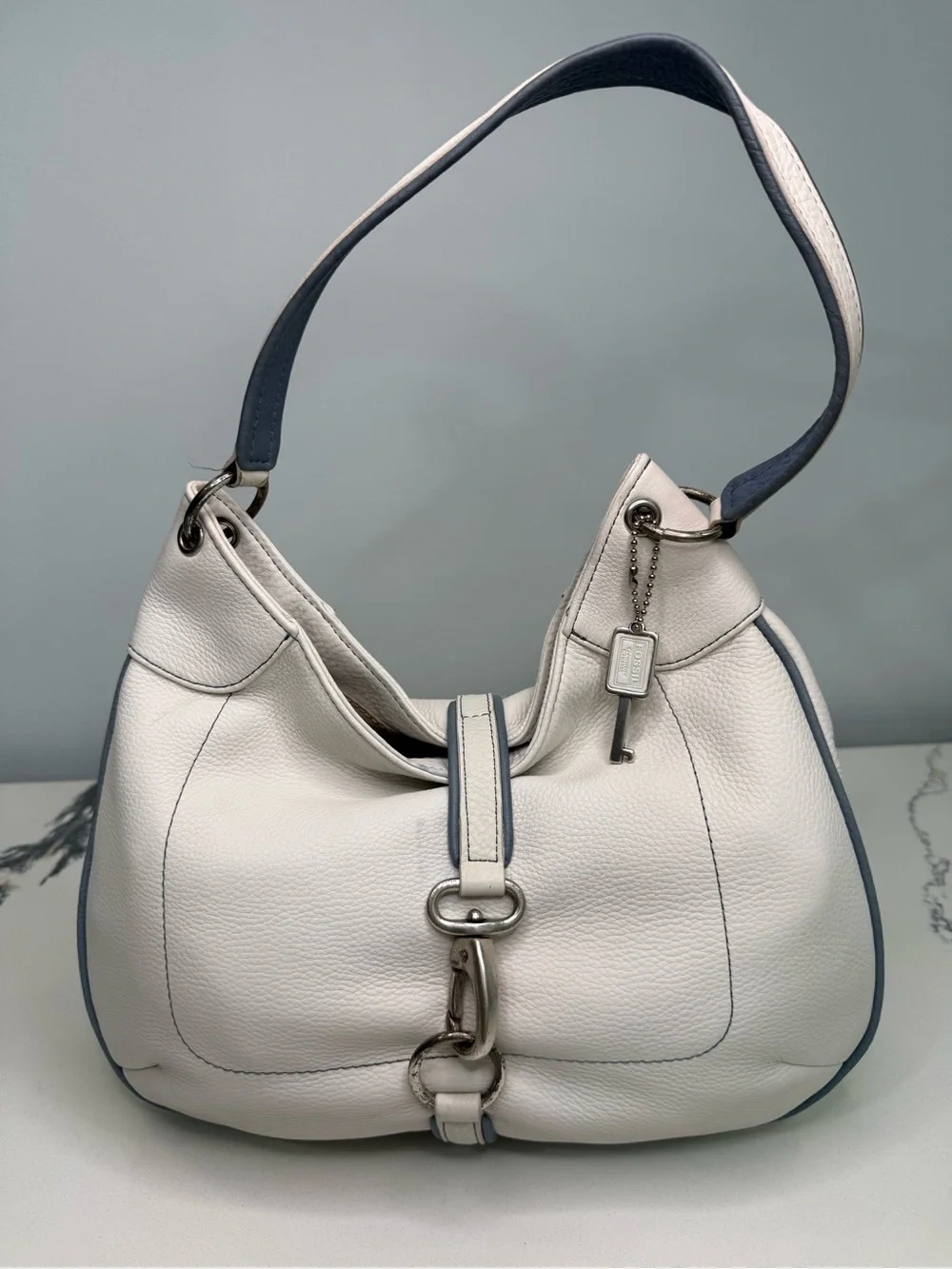 Vintage Fossil White Leather Hobo Shoulder Bag Y2K